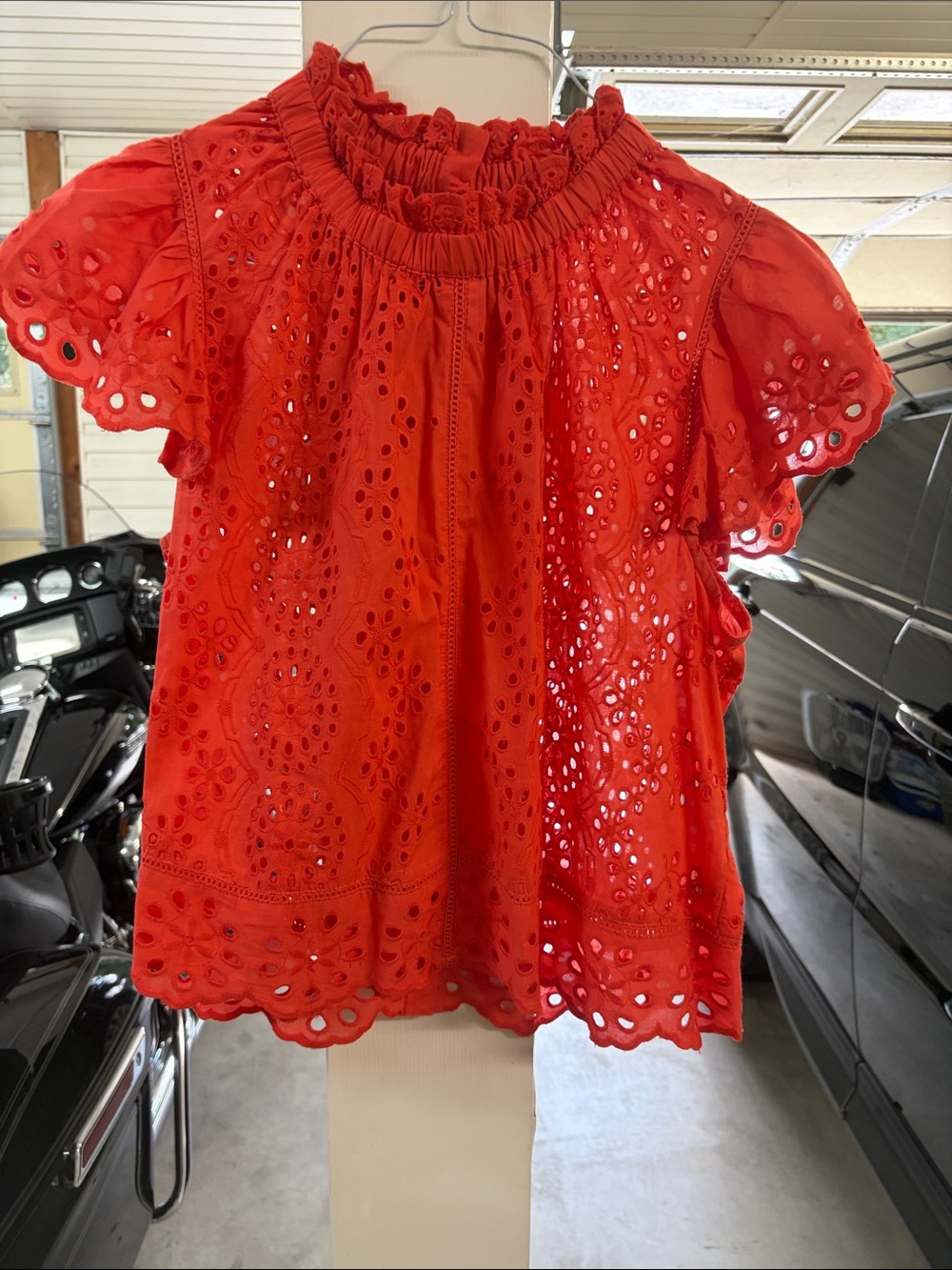 Eyelet Ruffle-Neck Blouse in Red